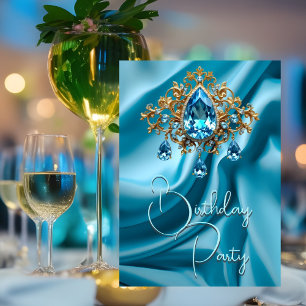 Invitation Anniversaire Soie Poudre Bijou bleu or