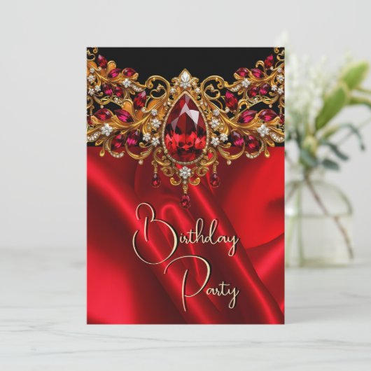 Invitation Anniversaire Soie Ruby Bijou rouge Gem Noir (Debout devant)