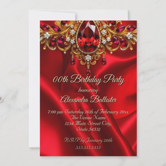Invitation Anniversaire Soie Ruby Bijou rouge Gem Noir (Dos)