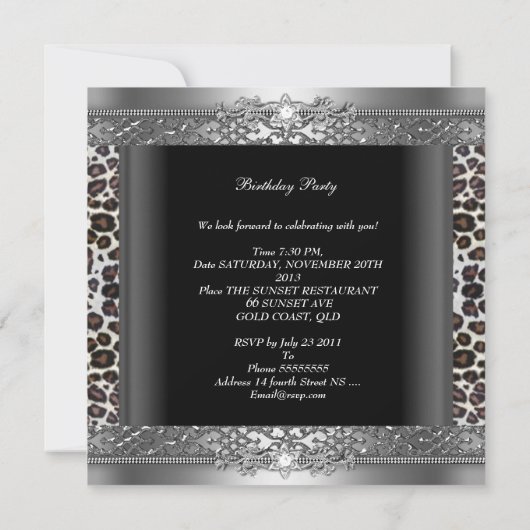 Invitation Anniversaire Soirée Cheetah Diamond (Dos)