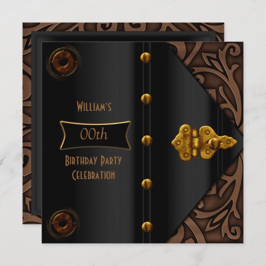 Invitation Anniversaire Soirée Elégante Or Black Steampunk (Devant / Derrière)