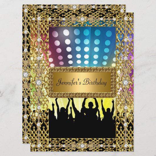 Invitation Anniversaire Soirée Gold Black Disco N'importe que (Devant / Derrière)