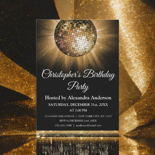Invitation Anniversaire Soirée Gold Sparkle Disco Ball