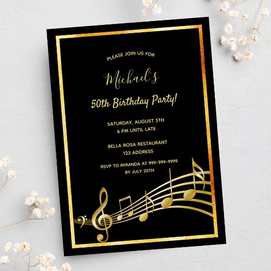 Invitation Anniversaire soirée noir note de musique or