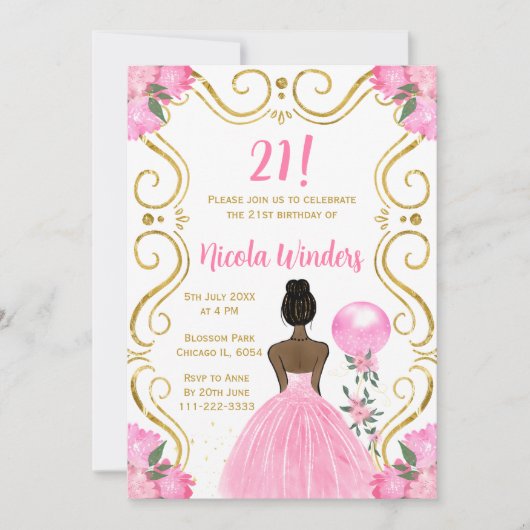 Invitation Anniversaire Soirée princesse à peau foncée en ros (Devant)