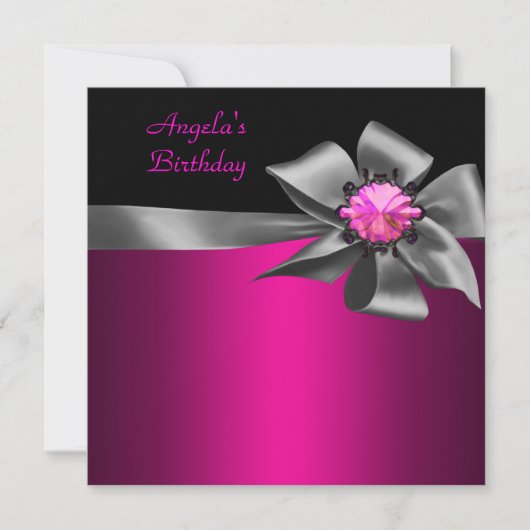 Invitation Anniversaire Soirée Rose Grey Bow Black Rose Jewel (Devant)
