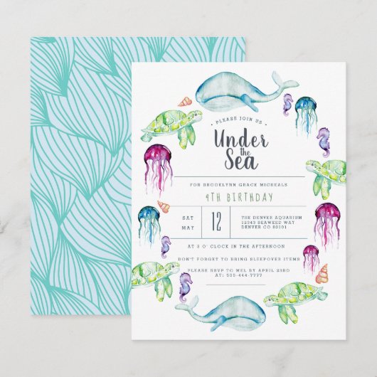 Invitation Anniversaire sous la mer | Aquarelle de créatures  (Devant / Derrière)