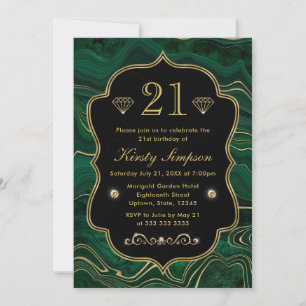 Invitation Anniversaire Strates de Malachite Vert Foncé et Fe