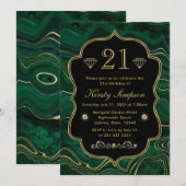 Invitation Anniversaire Strates de Malachite Vert Foncé et Fe (Devant / Derrière)