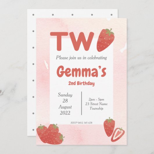 Invitation Anniversaire Strawberry Deux (Devant / Derrière)