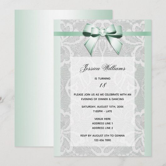 Invitation Anniversaire Stylé Ruban Menthe & Dentelle (Devant / Derrière)