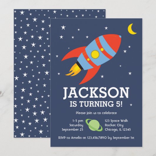 Invitation Anniversaire sur le thème de la fusée et de la lun (Devant / Derrière)