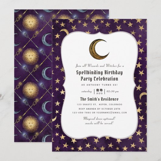 Invitation Anniversaire sur le thème du magicien violet et or (Devant / Derrière)