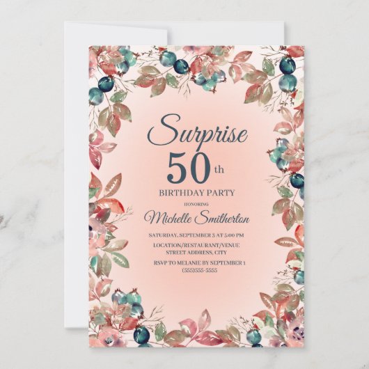 Invitation Anniversaire Surprise 50ème Femmes rose Turquoise (Devant)