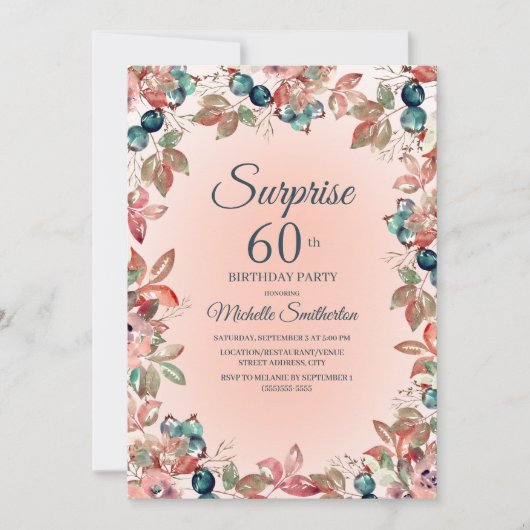 Invitation Anniversaire Surprise 60e Femmes rose Turquoise Fl (Devant)