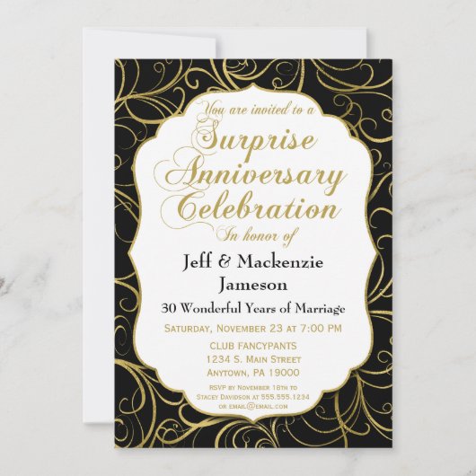 Invitation Anniversaire Surprise Black Gold Swirl (Devant)