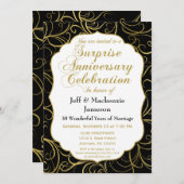 Invitation Anniversaire Surprise Black Gold Swirl (Devant / Derrière)