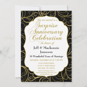 Invitation Anniversaire Surprise Black Gold Swirl