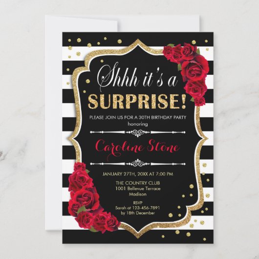 Invitation Anniversaire Surprise - Blancs noirs Roses rouges (Devant)