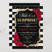Invitation Anniversaire Surprise - Blancs noirs Roses rouges (Devant / Derrière)