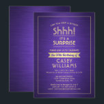 Invitation Anniversaire Surprise Party brossé violet et or<br><div class="desc">Peux-tu garder un secret ? Famille Invitation et amis à une fête d'anniversaire élégante et excitante avec des invitations personnalisées violet et or. Toute la formulation de ce modèle est simple à personnaliser, y compris le message qui dit "Shhh! C'est une SURPRISE." Le design se compose d'une bordure rayée moderne...</div>