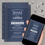 Invitation Anniversaire Surprise Party Elégante Marine Bleu &<br><div class="desc">Peux-tu garder un secret ? famille d'Invitations et amis à une fête d'anniversaire élégante et passionnante surprise avec des invitations personnalisées navy bleu et blanc. Toute la formulation de ce modèle est simple à personnaliser, y compris le message qui dit "Shhh! C'est une SURPRISE." Le design se compose d'une bordure...</div>