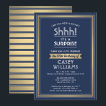 Invitation Anniversaire Surprise Party Shhh! Marine bleu et o<br><div class="desc">Peux-tu garder un secret ? famille d'Invitations et amis à une fête d'anniversaire de surprise élégante et passionnante avec des invitations personnalisées navy blue et fausse feuille d'or. Toute la formulation de ce modèle est simple à personnaliser, y compris le message qui dit "Shhh! C'est une SURPRISE." Le design se...</div>