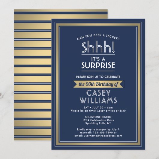 Invitation Anniversaire Surprise Party Shhh! Marine bleu et o (Devant / Derrière)