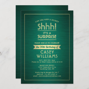 Invitation Anniversaire Surprise Party Shhh! Vert & Or brossé