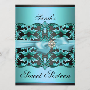 Invitation anniversaire Sweet16 bleu/noir damassé 