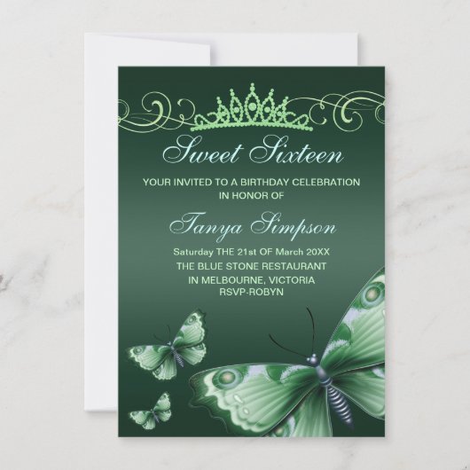 Invitation anniversaire Sweet16 papillon et diadèm (Devant)