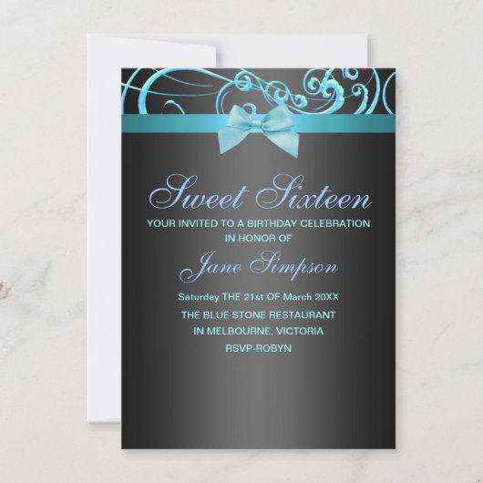 Invitation anniversaire Sweet 16 tourbillon bleu/n (Devant)