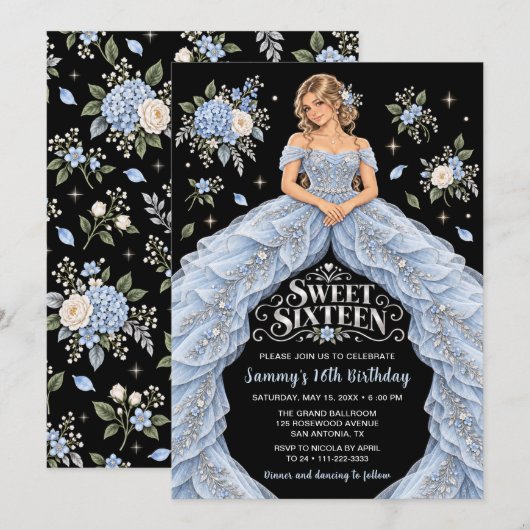 Invitation Anniversaire Sweet Seize Hydrangea Bleue (Devant / Derrière)