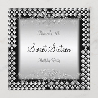 Invitation Anniversaire Sweet Sixteen 16 16ème Argent Noir