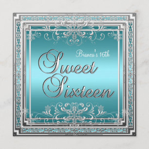 Invitation Anniversaire Sweet Sixteen Bleu Turquoise Argent T