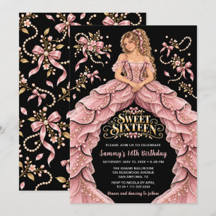Invitation Anniversaire Sweet Sixteen Perle à Ruban Rose