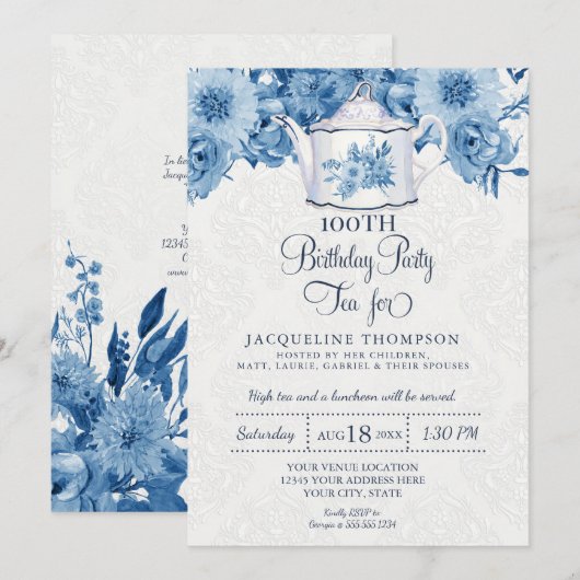 Invitation Anniversaire Tea Party Marine Bleu Blanc Floral (Devant / Derrière)