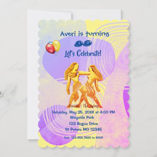 Invitation Anniversaire tendance Gemini Jaune (21 mai - 20 ju (Devant)