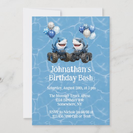 Invitation Anniversaire Thème Camion Monstre Requin (Devant)