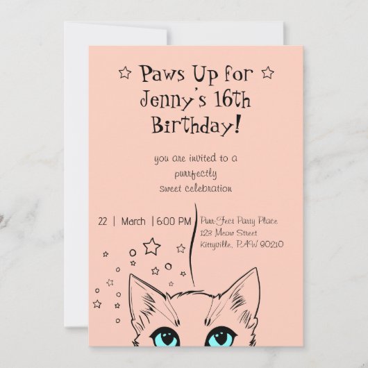Invitation Anniversaire Thème Chat 16 Ans Sucré (Devant)