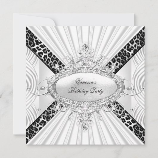 Invitation Anniversaire Thème Diamant Noir et Léopard Blanc (Devant)