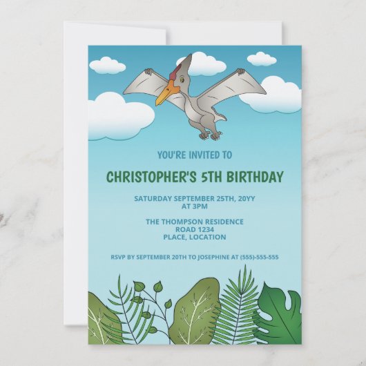 Invitation Anniversaire Thème Dinosaure Ptéranodonte Volant C (Devant)