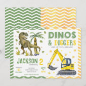 Invitation Anniversaire Thème Dinosaures et Construction (Devant / Derrière)