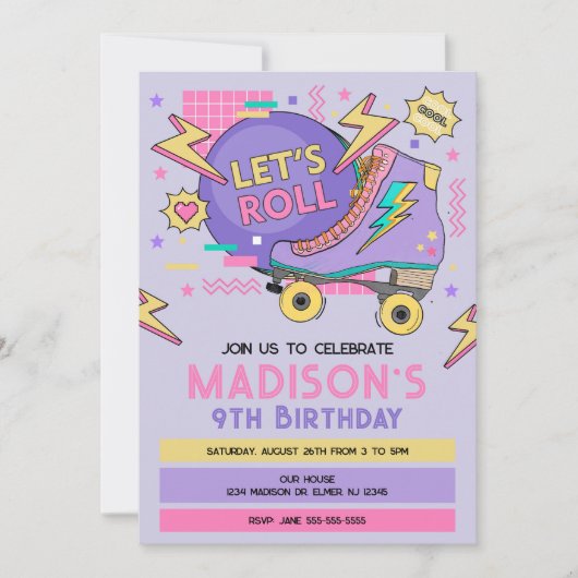 Invitation Anniversaire Thème Rétro Roller Skate 80s 90s (Devant)