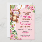 Invitation Anniversaire Thème Savannah Singe Mignon Rose (Devant)