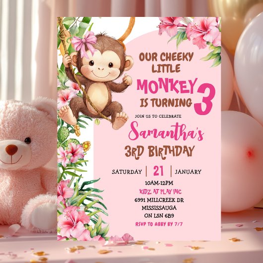 Invitation Anniversaire Thème Savannah Singe Mignon Rose