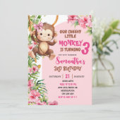Invitation Anniversaire Thème Savannah Singe Mignon Rose (Debout devant)
