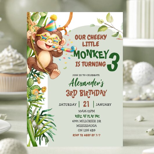 Invitation Anniversaire Thème Savannah Singe Mignon Vert