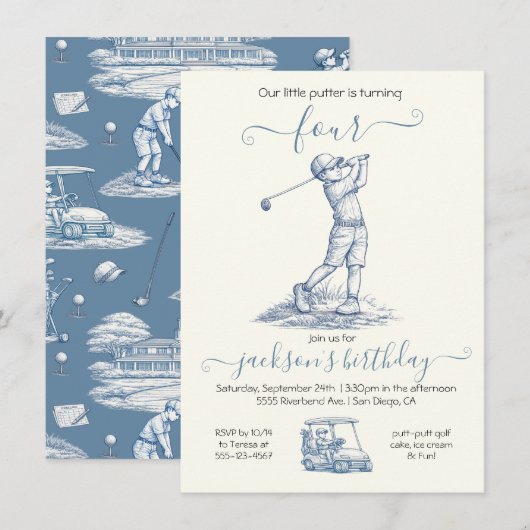 Invitation Anniversaire Toile Garçon Golf (Devant / Derrière)