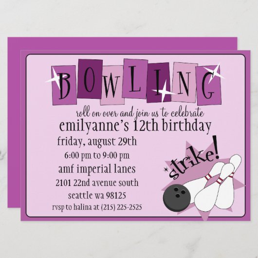 Invitation Anniversaire totalement rétro de bowling de (Devant / Derrière)